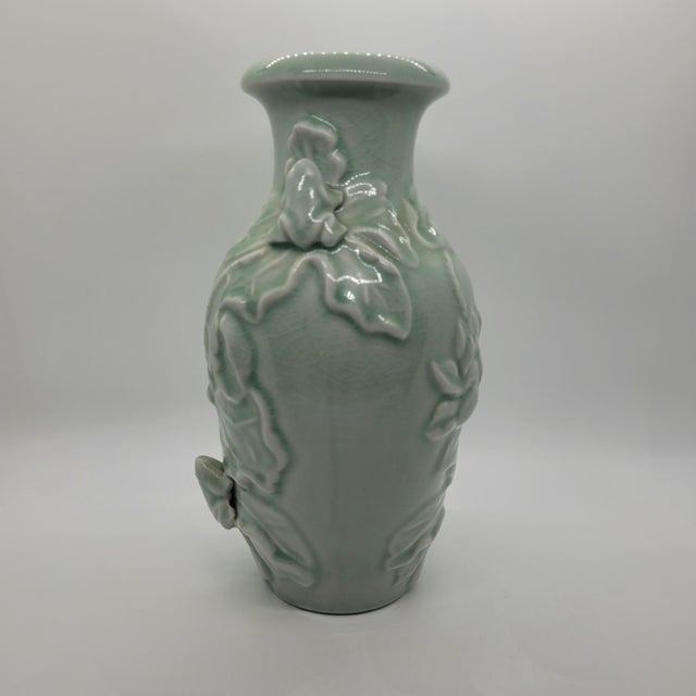 Asian Vintage Celadon Green Crackle Glaze Porcelain Lotus Frog Relief Vase 9 Inch For Sale - Image 3 of 10