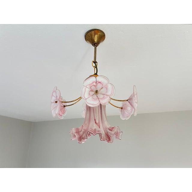 Vintage Murano Glass Ruffled Floral Pendant Light – Pink Swirl & Daisy Shades For Sale - Image 14 of 18