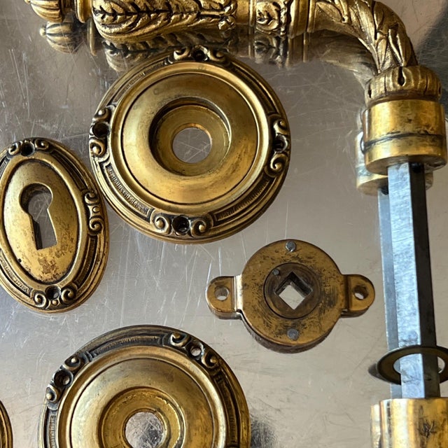 Pair of Sherle Wagner-style lever door handles / doorknobs and escutcheons // vintage hardware for French doors // cast brass with gilt For Sale In Kansas City - Image 6 of 16