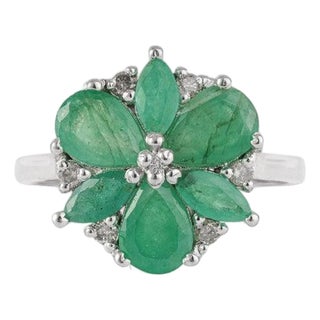 Emerald & Diamond Floral Statement Ring in 925 Sterling Silver, Us Size 7.5 For Sale