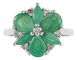 Emerald & Diamond Floral Statement Ring in 925 Sterling Silver, Us Size 7.5