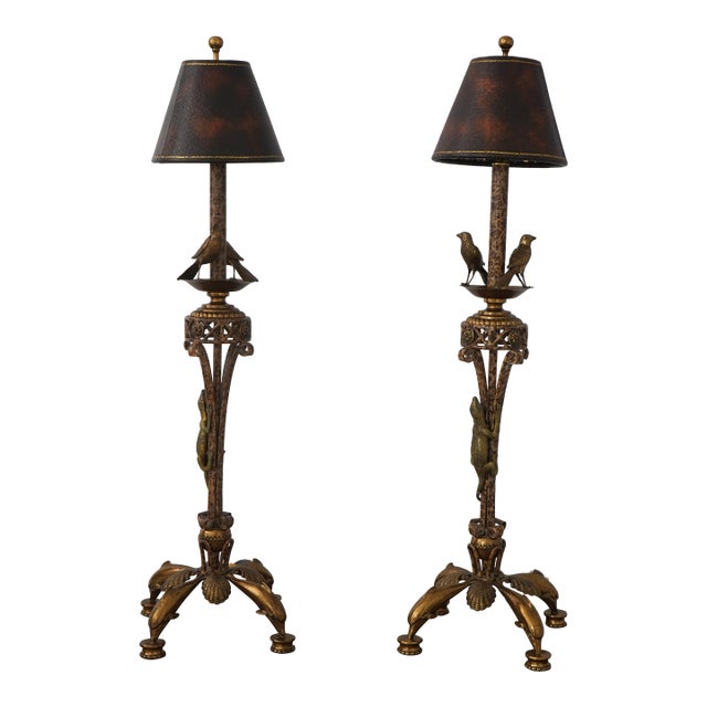 Pair Maitland Smith Brass & Iron Lizard Table Lamps For Sale