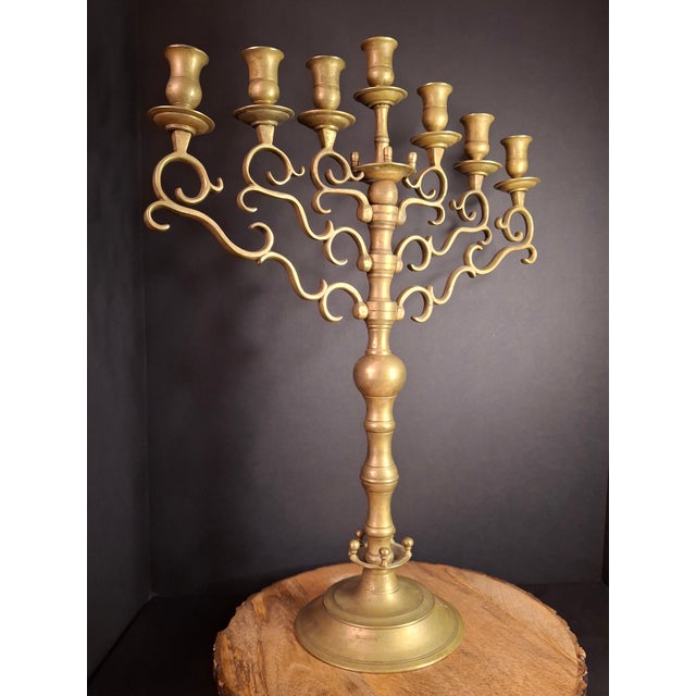 Metal Rare 19thC Antique Polish Brass Menorah Large 22.7" 7 Branch Synagogue Knops For Sale - Image 7 of 18