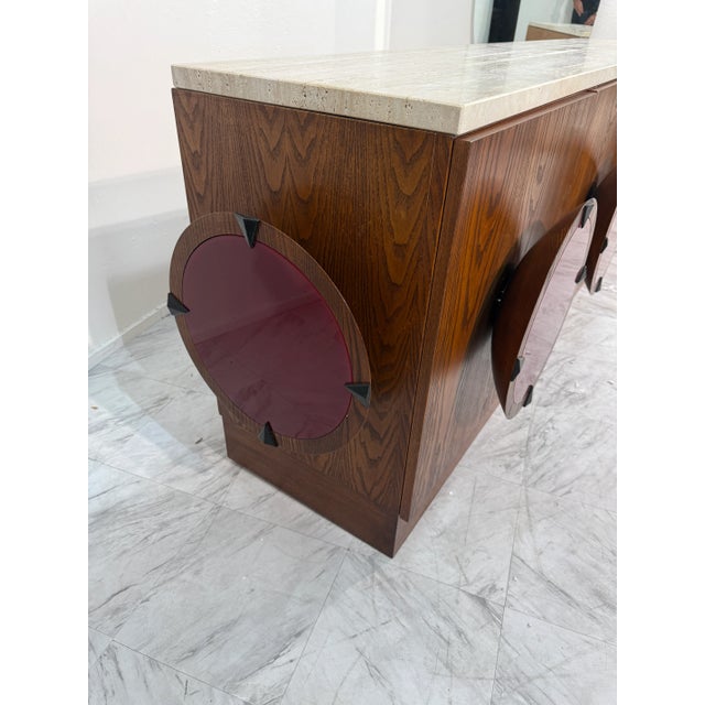 Mid-Century Modern Italian Mid-Century Modern Sideboard With Travertine Top & Circular Red Accents, 1970s For Sale - Image 3 of 9