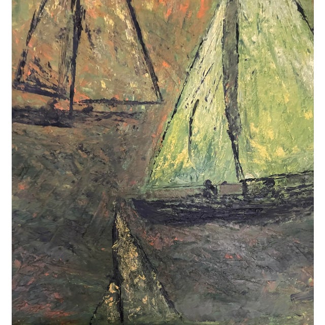 A wonderfully moody mid-century expressionist oil on canvas of sailboats amidst choppy seas at sunset. An abstract quality...