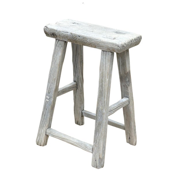 1960s Rustic Raw Rough Wood Grain Rectangle Slim Stool Bench Side Table For Sale - Image 5 of 7