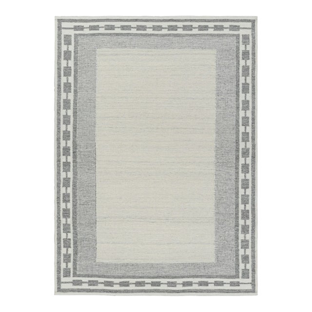 Rug & Kilim’s Scandinavian Rug in White Open Field, Gray Geometric Borders For Sale