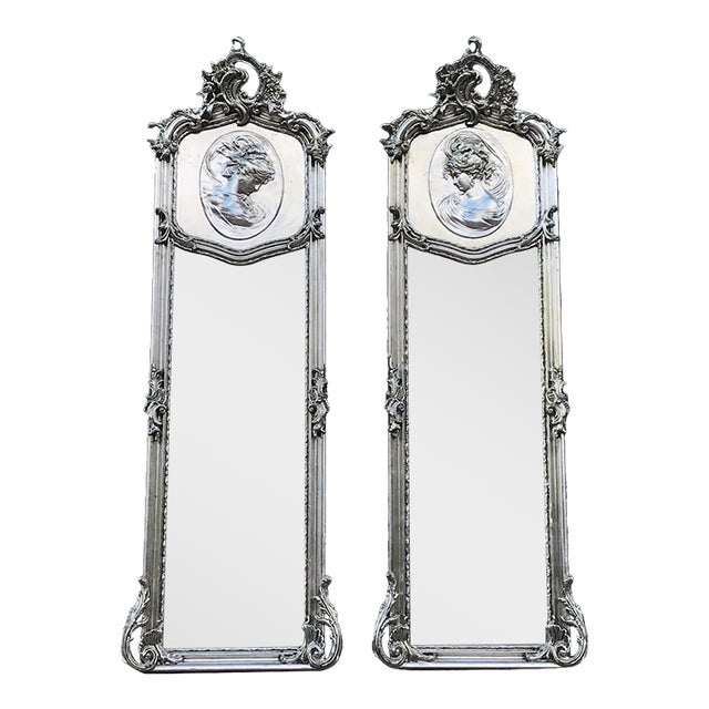 Mid-20th Italian Rococo Silver Beech Mirror Pair Full Length Floor For Sale