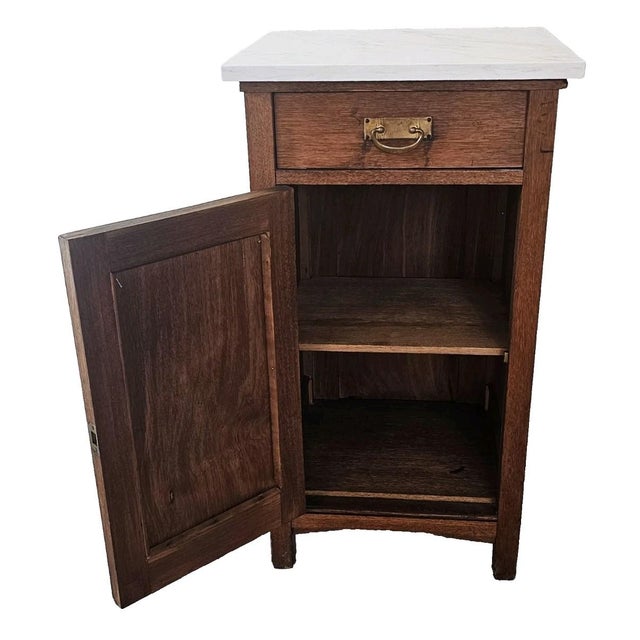 Wood 1930s French Oak Art Deco Nightstand Marble Top Bedside Cabinet End Table For Sale - Image 7 of 17