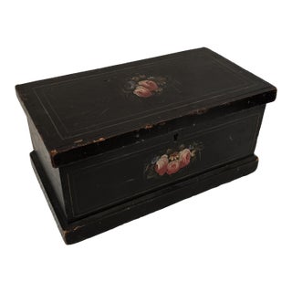 Antique Hand-Painted Black Folk Art Document Box With Floral Motifs For Sale