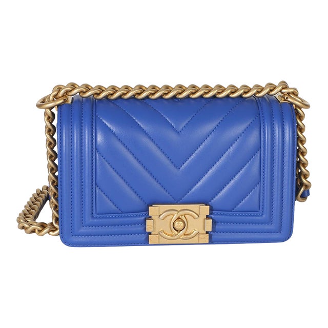 Blue Lambskin Chevron Quilted Small Boy Bag For Sale