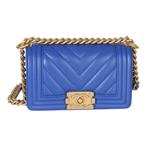 Blue Lambskin Chevron Quilted Small Boy Bag