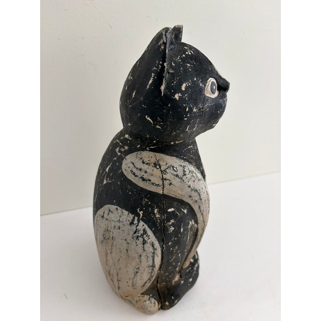 Folk Art Vintage Folk Art Hand-Carved Wooden Cat Sculpture – Black & White Primitive For Sale - Image 3 of 11