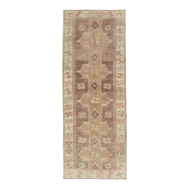 Vintage Turkish Kars Gallery Rug With Soft Taupe and Mocha Geometric Design For Sale