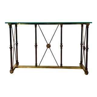 Vintage Hollywood Regency Brass and Glass Console Table With Bronze Supports For Sale