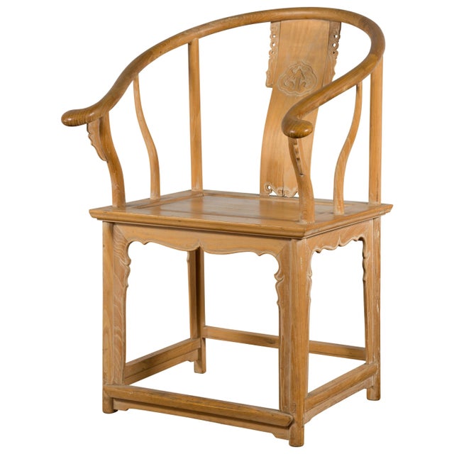 Brown Early 20th Century Ming Style Chinese Wood Horseshoe Armchair with Carved Splat & Apron For Sale - Image 8 of 13