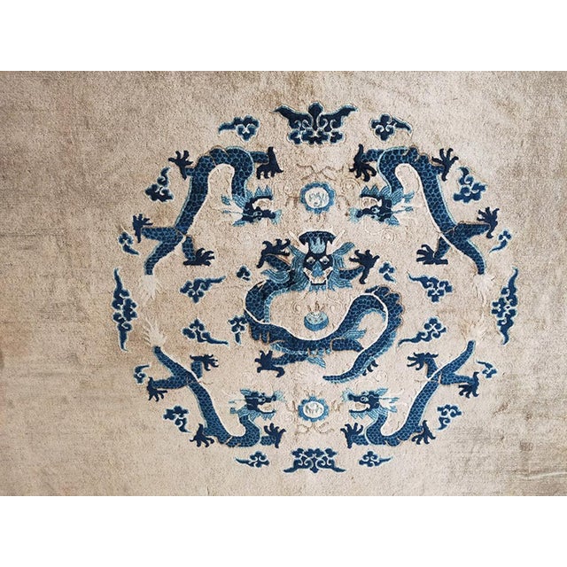 Exceptional Ivory and Blue Color With Dragon Design Antique Chinese Peking Rug For Sale - Image 4 of 4
