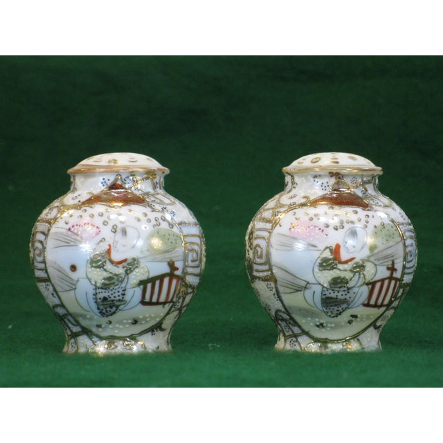 Ceramic Antique Salt & Pepper Shakers Satsuma Porcelain Gold Beaded Very Ornate For Sale - Image 7 of 12