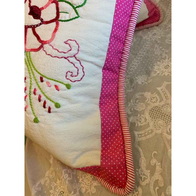 Vintage Pair of Pink & White Rose Hand-Embroidered Decorative Pillows For Sale - Image 9 of 12