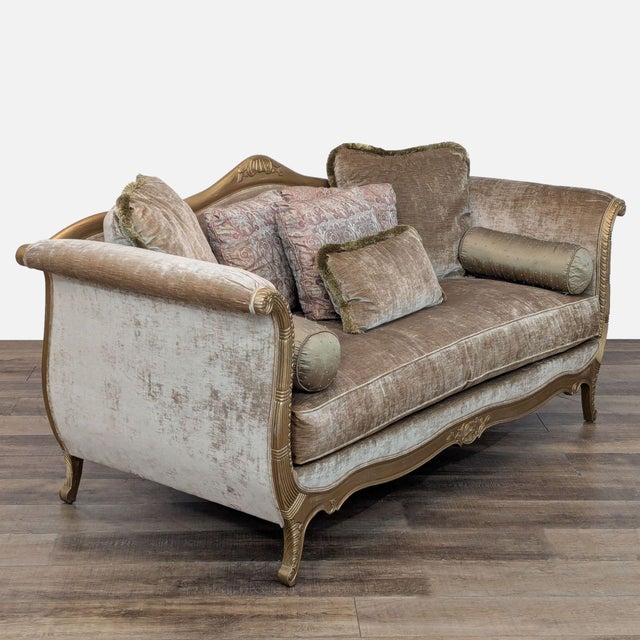 Features wood frame with carved detailing, velvet upholstery and decorative accent pillows. Brand: Drexel Heritage....
