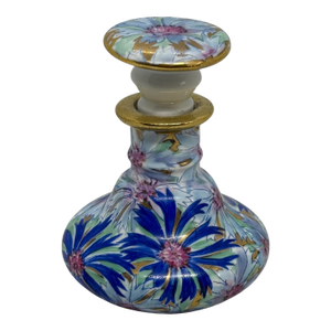 Mid 20th Century Limoges Porcelain Perfume Bottle With Stopper and Blue Pink Floral Design With Gold Trim