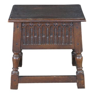 Antique English Jacobean Style Oak Carved Joint Stool Side End Table 18" For Sale