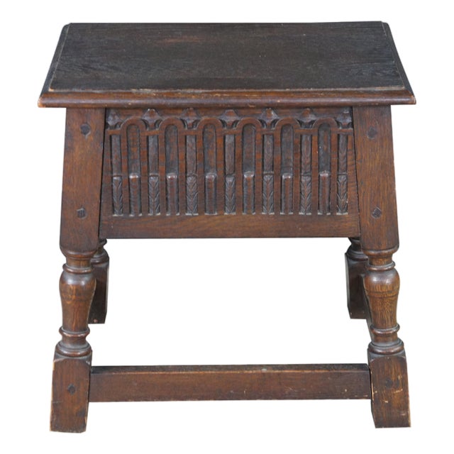 Antique English Jacobean Style Oak Carved Joint Stool Side End Table 18" For Sale