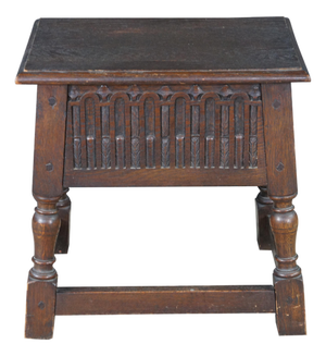 Antique English Jacobean Style Oak Carved Joint Stool Side End Table 18"