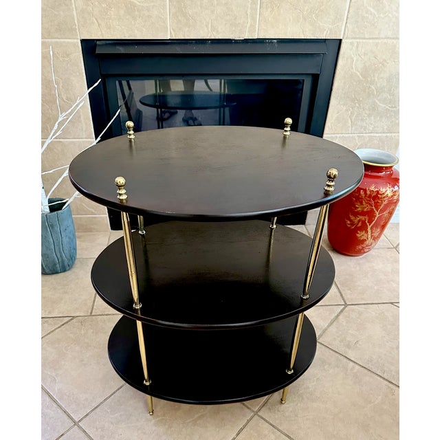 1960s English Campaign Style Oval Wood & Brass 3-Tier Side Table For Sale - Image 5 of 18