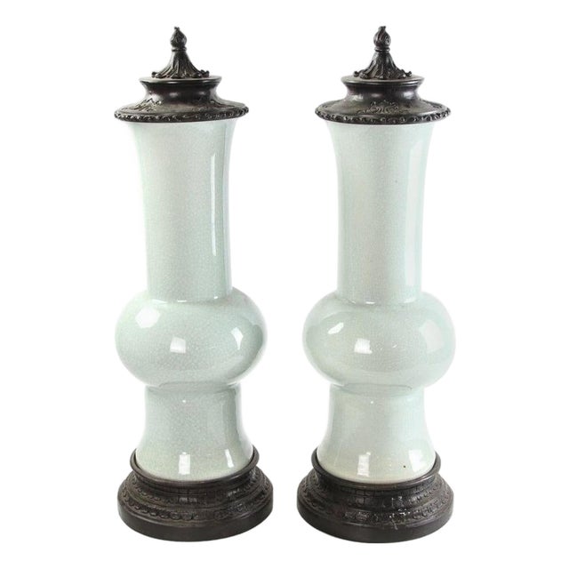 Early 20th Century Chinese Celadon Gu Shaped Porcelain Vases with Metal Covers and Base - A Pair For Sale