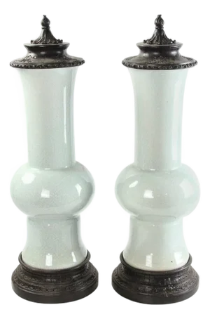 Early 20th Century Chinese Celadon Gu Shaped Porcelain Vases with Metal Covers and Base - A Pair