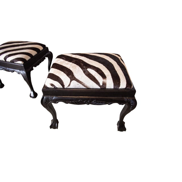 19th Century Queen Anne Style Carved Bench in Burchell Zebra Hide For Sale - Image 6 of 9