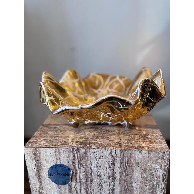 Mid-Century Modern Vintage Oversized Gold Ceramic Clam Ashtray For Sale - Image 3 of 7