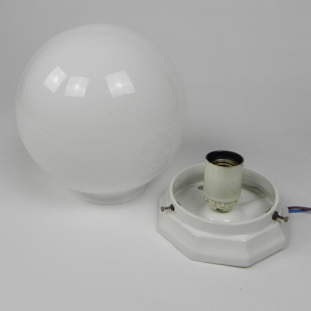 Art Deco Ceiling Lamp with Round Glass Ball and Porcelain Fixture, 1930s For Sale - Image 4 of 15