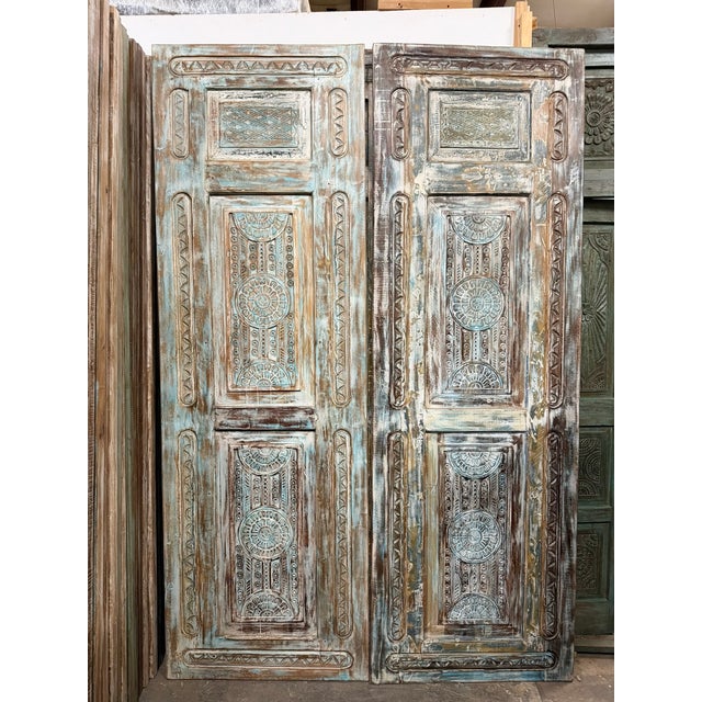 Blue Antique Carved Wooden Door in Distressed Blue | Floral Indian Bedroom Entry Doors 96x31.5 For Sale - Image 8 of 10