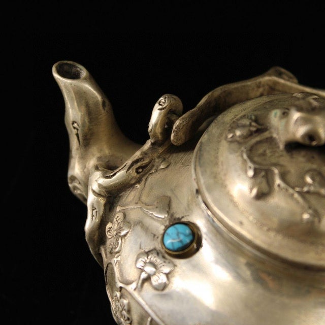 Silvered Bronze Overhead-Handle Teapot — Plum Blossom Branch Relief With Inlaid Stones, Bird-Head Spout For Sale - Image 9 of 9