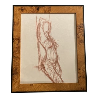 1950’s Original Abstract Sepia Female Nude Study Drawing Burled Wood Tabletop Frame For Sale