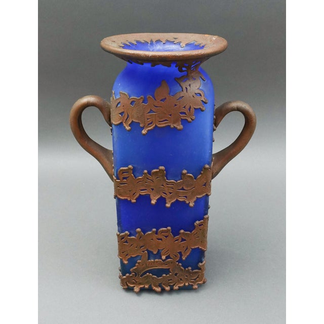 Anca Podaru Ama Romanian Copper Overlay Handled Art Glass Nouveau Vessel Vase. Measures approximately 7 3/4" long, 4 7/8"...