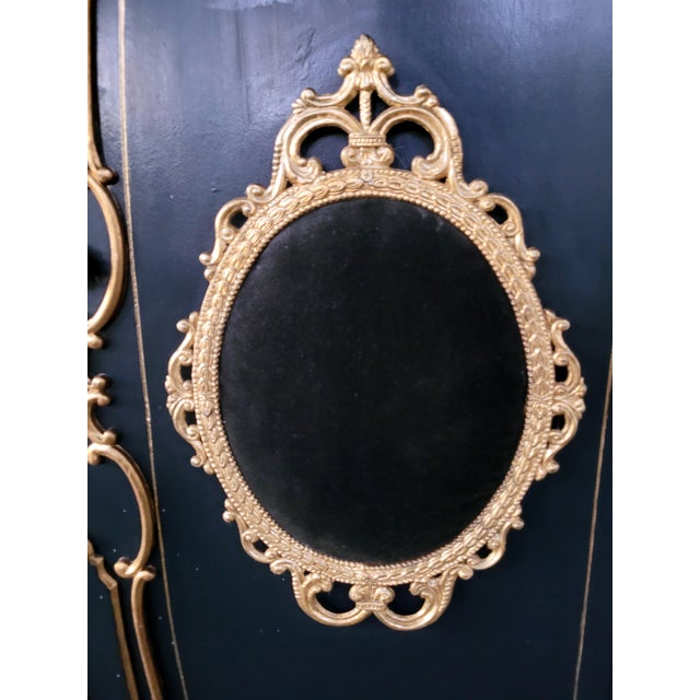 Custom French Louis XV Style Midnight Blue Armoire With Antique Brass & Velvet Medallions For Sale In Los Angeles - Image 6 of 14