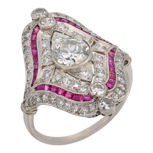 1920s Art Deco Style 1.75 Carat Diamond Ruby Platinum Ring, Size 7.75