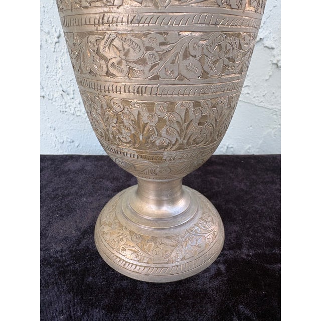 Vintage Hand-Engraved Brass Vase With Floral Motifs, Middle Eastern / Indian Style 11.5” For Sale - Image 4 of 9