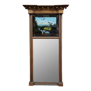 Antique Early 19th Century Regency Federal Giltwood Trumeau Pier Mirror Eglomise Reverse Painted For Sale