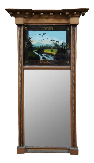 Antique Early 19th Century Regency Federal Giltwood Trumeau Pier Mirror Eglomise Reverse Painted
