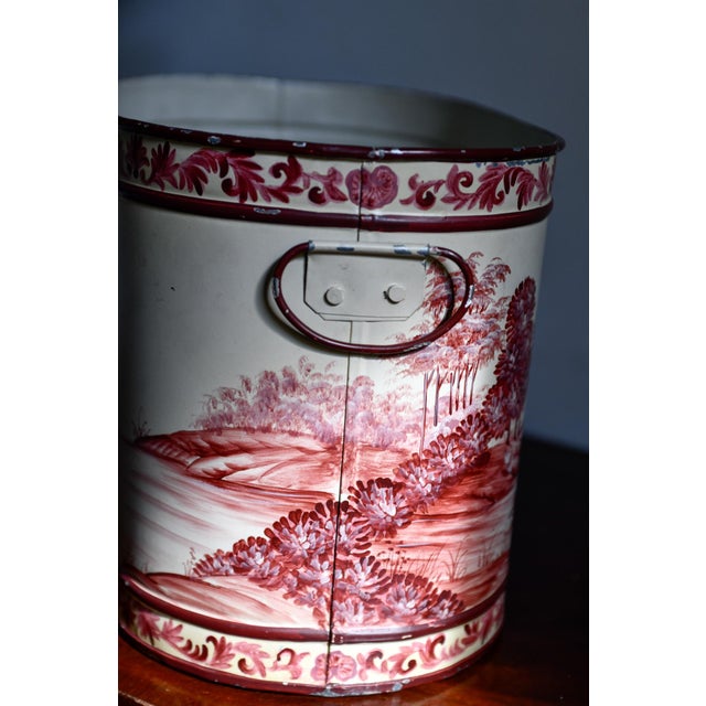 1980s Red Cream Toleware Painted Planter, Ice Bucket, Hand-Painted Pastoral River Scene, Oval Cachepot With Handles, 13.5"w For Sale - Image 9 of 9