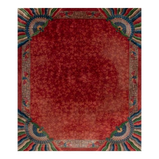 Stupendous Claret Background Color Asymmetric Patterns Antique Chinese Art Deco Rug For Sale
