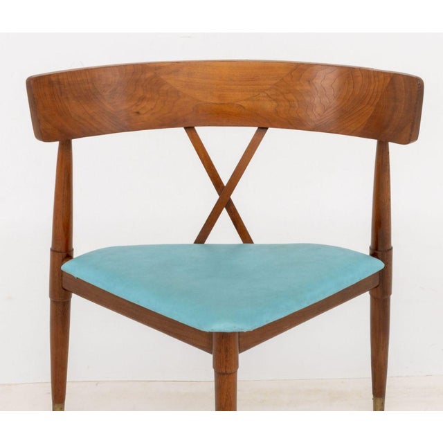 American Mid-Century Modern Corner Chair, with robin's egg blue vinyl upholstered seat, with label "Home Chair Co. Inc /...