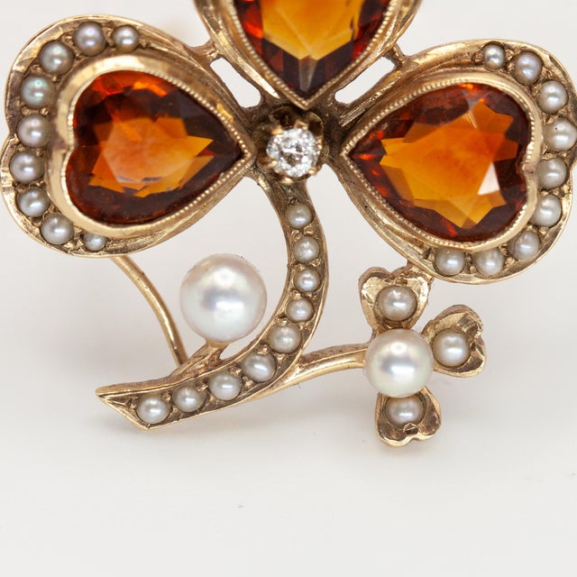 1930s 14k Yellow Gold Diamond Citrine Pearl Clover Brooch For Sale - Image 4 of 9