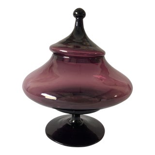 Midcentury Amethyst Glass Lidded Compote / Bowl For Sale