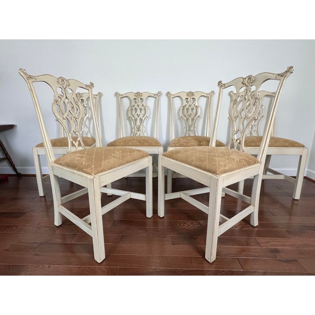 Set of 8 Hickory Chair Chippendale Dining Chairs From Mount Vernon Collection Custom Painted in Cream White For Sale - Image 9 of 12