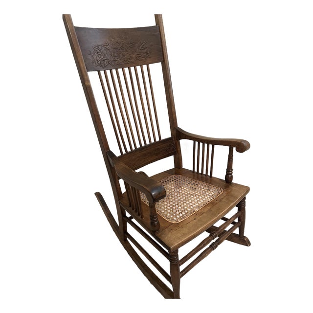 Vintage Arts & Crafts Carved Oak High-Back Rocking Chair With Cane Seat &Arms For Sale